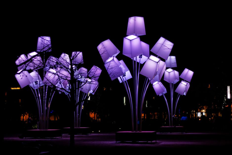 Installation lumineuse extérieure étonnante à Valence, France, présentant des structures illuminées en violet contre un ciel nocturne.